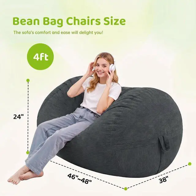 Alt view image 2 of 6 - Bean Bag Chair, 4FT Large Bean Bag Chair with Removable Cover, Comfy Beanbag Chair with Memory Foam Filling, Bean Bag Sofa for Living Room Bedroom Reading Room, Dark Grey