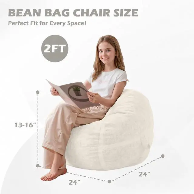 Alt view image 2 of 7 - 2FT Bean Bag Chair, Small BeanBag Chairs with Memory Foam Filled, Ultra-Soft Velvet Bean Bag Chair with Portable Handle, Comfy Bean Bag Sofa for Living Room, No Assembly - Whtie