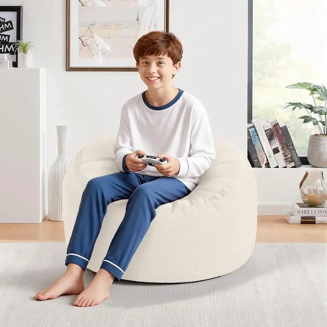 Alt view image 3 of 7 - 2FT Bean Bag Chair, Small BeanBag Chairs with Memory Foam Filled, Ultra-Soft Velvet Bean Bag Chair with Portable Handle, Comfy Bean Bag Sofa for Living Room, No Assembly - Whtie