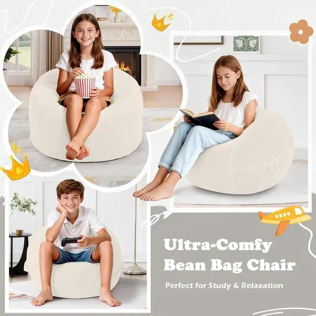 Alt view image 6 of 7 - 2FT Bean Bag Chair, Small BeanBag Chairs with Memory Foam Filled, Ultra-Soft Velvet Bean Bag Chair with Portable Handle, Comfy Bean Bag Sofa for Living Room, No Assembly - Whtie