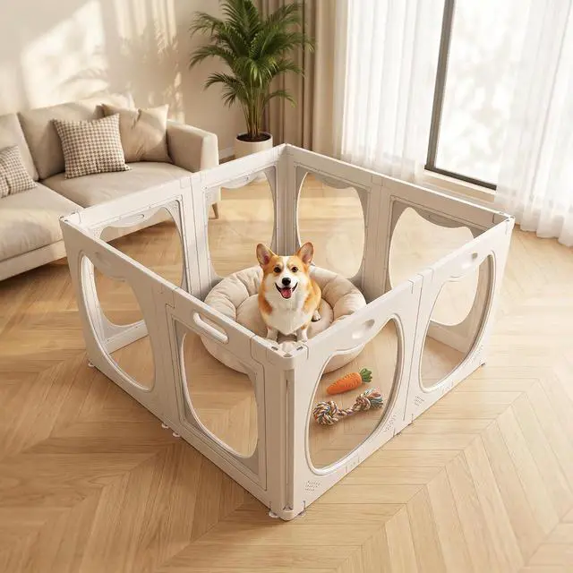 Alt view image 7 of 7 - Acrylic Dog Playpen for Indoor Use Clear Small Pet Play Pen for Puppies, Cats, Rabbits & Ferrets Easy Assemble, Durable & Portable Pet Enclosure (White, 24" H, 8 Panels)