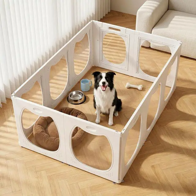 Main image of Acrylic Dog Playpen for Indoor Use Clear Small Pet Play Pen for Puppies, Cats, Rabbits & Ferrets Easy Assemble, Durable & Portable Pet Enclosure (White, 24" H, 10 Panels)