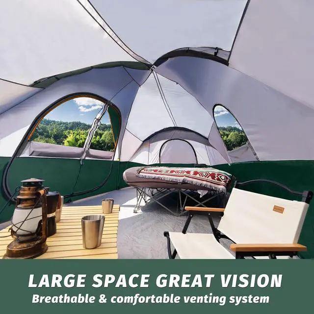 Alt view image 4 of 7 - Camping Tent 10-Person-Family Tents, Parties, Music Festival Tent, Big, Easy Up, 5 Large Mesh Windows, Double Layer, 2 Room, Waterproof, Weather Resistant, 18ft x 9ft x78in