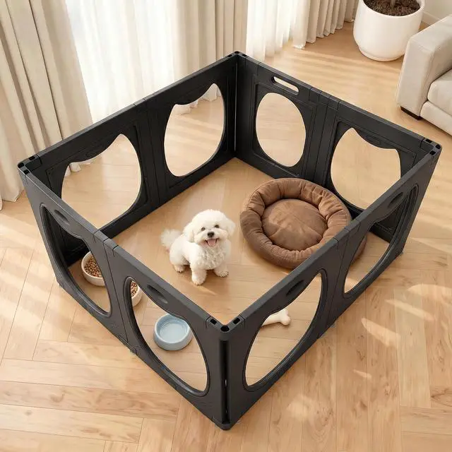Main image of Acrylic Dog Playpen for Indoor Use Clear Small Pet Play Pen for Puppies, Cats, Rabbits & Ferrets Easy Assemble, Durable & Portable Pet Enclosure (Black, 24" H, 8 Panels)