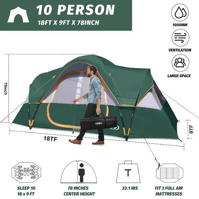 Alt view image 2 of 7 - Camping Tent 10-Person-Family Tents, Parties, Music Festival Tent, Big, Easy Up, 5 Large Mesh Windows, Double Layer, 2 Room, Waterproof, Weather Resistant, 18ft x 9ft x78in
