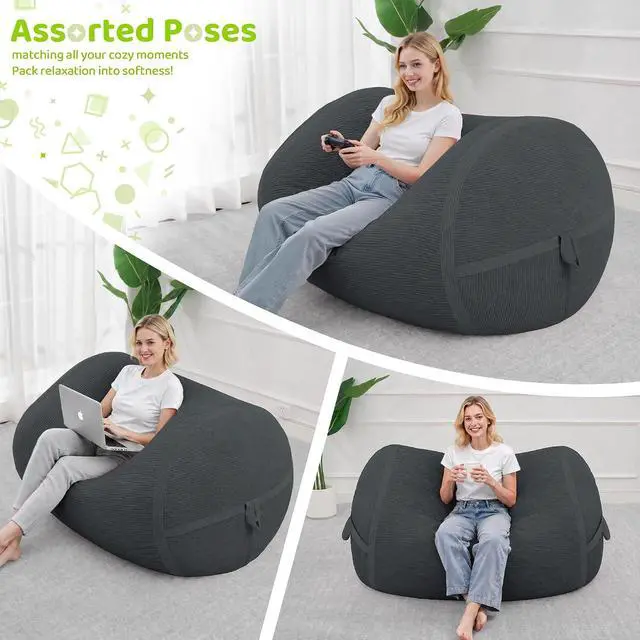 Alt view image 5 of 6 - Bean Bag Chair, 4FT Large Bean Bag Chair with Removable Cover, Comfy Beanbag Chair with Memory Foam Filling, Bean Bag Sofa for Living Room Bedroom Reading Room, Dark Grey