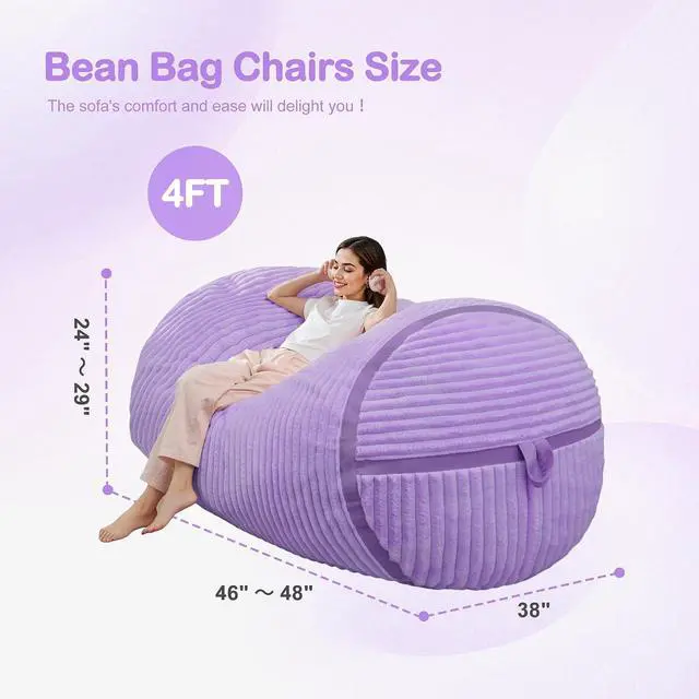 Alt view image 2 of 6 - Bean Bag Chair 4FT Bean Bag Chairs with Memory Foam Filled,4' Small Comfy Beanbag Chair with Soft Faux Fur Cover,Comfy Bean Bag Sofa for Classroom,Living Room,Bedroom-Purple