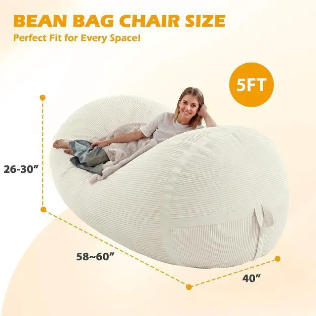 Alt view image 2 of 6 - Bean Bag Chair, 5FT Giant Bean Bag Chair with Memory Foam, Ultra-Soft Corduroy Cover & Zipper Design, Portable Handle Comfy Bean Bag Sofa for Living Room, Bedroom, No Assembly - Whtie