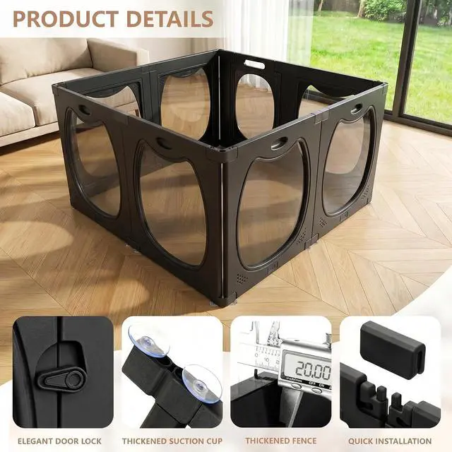 Alt view image 3 of 7 - Acrylic Dog Playpen for Indoor Use Clear Small Pet Play Pen for Puppies, Cats, Rabbits & Ferrets Easy Assemble, Durable & Portable Pet Enclosure (Black, 24" H, 8 Panels)