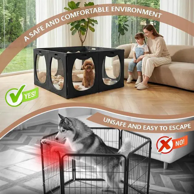 Alt view image 4 of 7 - Acrylic Dog Playpen for Indoor Use Clear Small Pet Play Pen for Puppies, Cats, Rabbits & Ferrets Easy Assemble, Durable & Portable Pet Enclosure (Black, 24" H, 8 Panels)