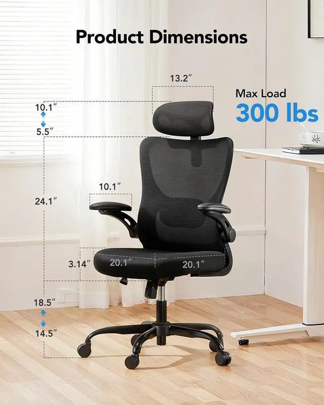 Alt view image 2 of 6 - Ergonomic Office Chair, High Back Computer Desk Chair with Adjustable Lumbar Support and Headrest, Comfy Gaming Chair with 3D Armrests, Home Office Rolling Chair, Max Load 300 lbs, Pack of 4
