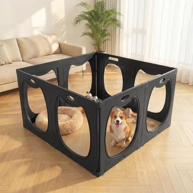 Alt view image 7 of 7 - Acrylic Dog Playpen for Indoor Use Clear Small Pet Play Pen for Puppies, Cats, Rabbits & Ferrets Easy Assemble, Durable & Portable Pet Enclosure (Black, 24" H, 8 Panels)