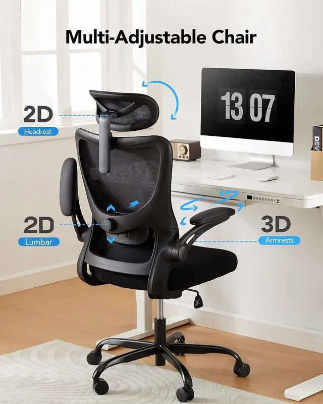 Alt view image 3 of 6 - Ergonomic Office Chair, High Back Computer Desk Chair with Adjustable Lumbar Support and Headrest, Comfy Gaming Chair with 3D Armrests, Home Office Rolling Chair, Max Load 300 lbs, Pack of 4