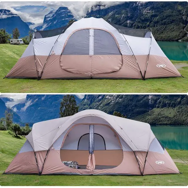 Alt view image 7 of 7 - Camping Tent 10-Person-Family Tents, Parties, Music Festival Tent, Big, Easy Up, 5 Large Mesh Windows, Double Layer, 2 Room, Waterproof, Weather Resistant, 18ft x 9ft x78in