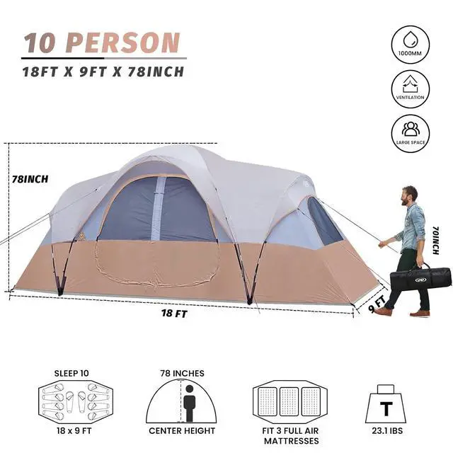 Alt view image 3 of 7 - Camping Tent 10-Person-Family Tents, Parties, Music Festival Tent, Big, Easy Up, 5 Large Mesh Windows, Double Layer, 2 Room, Waterproof, Weather Resistant, 18ft x 9ft x78in
