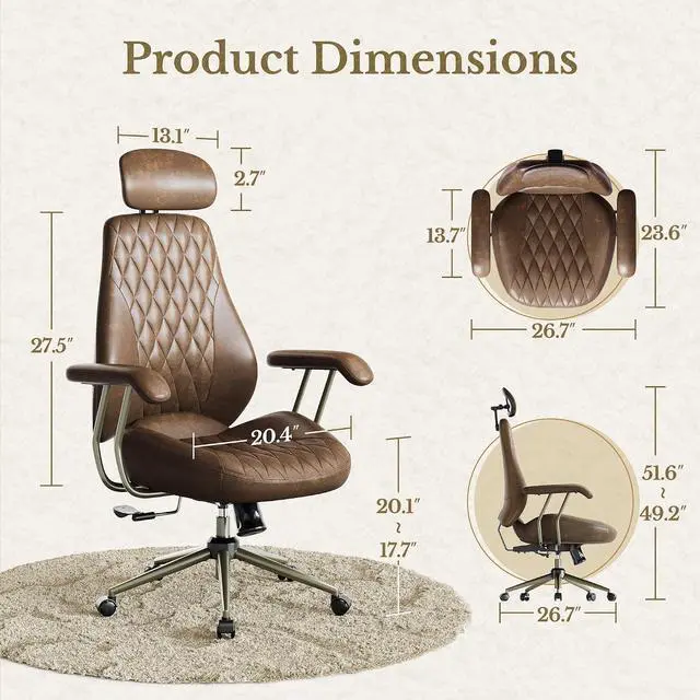 Alt view image 2 of 7 - High Back Office Chair with Lumbar Support - Ergonomic Executive Desk Chair, Adjustable Swivel Computer Chair in Premium Faux Leather for Home Office Comfort, Brown