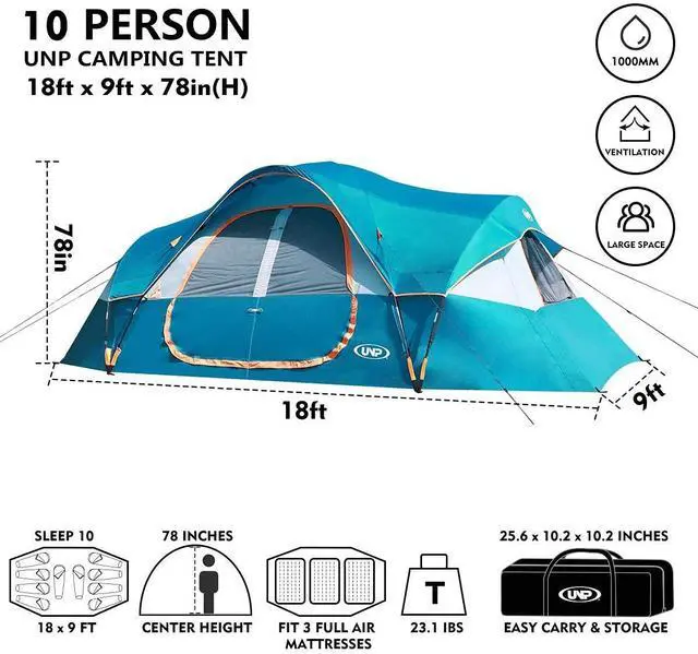 Alt view image 2 of 7 - Camping Tent 10-Person-Family Tents, Parties, Music Festival Tent, Big, Easy Up, 5 Large Mesh Windows, Double Layer, 2 Room, Waterproof, Weather Resistant, 18ft x 9ft x78in