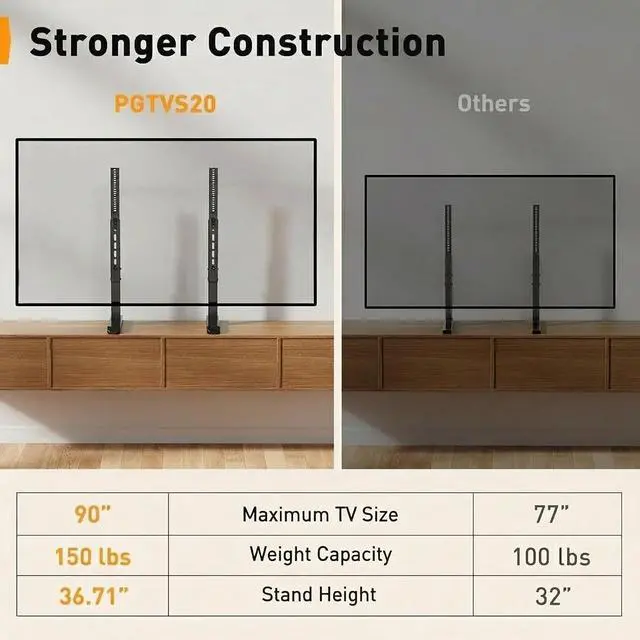 Alt view image 6 of 7 - Universal TV Stand Legs for Most 3786 90 Inch TVs up to 150 lbs, Height Adjustable TV Legs Replacement Suitable for Soundbar, Table Top Stand Base Max VESA 800 x 500mm, PGTVS20