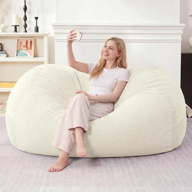 Alt view image 3 of 6 - Bean Bag Chair, 5FT Giant Bean Bag Chair with Memory Foam, Ultra-Soft Corduroy Cover & Zipper Design, Portable Handle Comfy Bean Bag Sofa for Living Room, Bedroom, No Assembly - Whtie