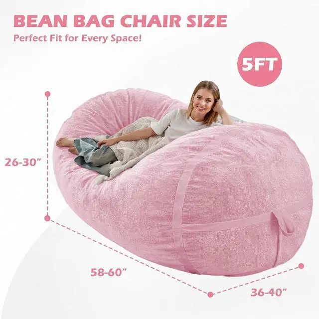 Alt view image 2 of 6 - 5FT Bean Bag Chair,Giant BeanBag Chairs with Memory Foam Filled, Ultra-Soft Velvet with Portable Handle & Removable Cover, Comfy Bean Bag Sofa for Living Room, No Assembly - Pink