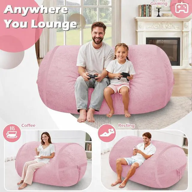 Alt view image 4 of 6 - 5FT Bean Bag Chair,Giant BeanBag Chairs with Memory Foam Filled, Ultra-Soft Velvet with Portable Handle & Removable Cover, Comfy Bean Bag Sofa for Living Room, No Assembly - Pink