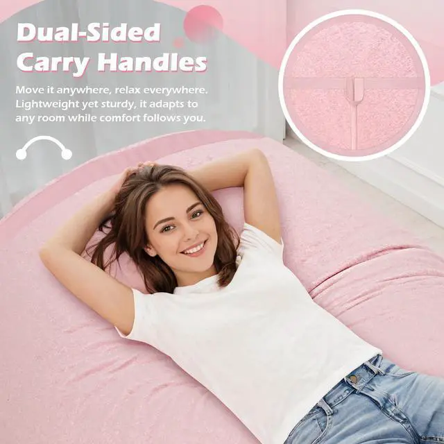 Alt view image 5 of 6 - 6FT Bean Bag Chair,Giant BeanBag Chairs with Memory Foam Filled, Ultra-Soft Velvet with Portable Handle & Removable Cover, Comfy Bean Bag Sofa for Living Room, No Assembly - Pink