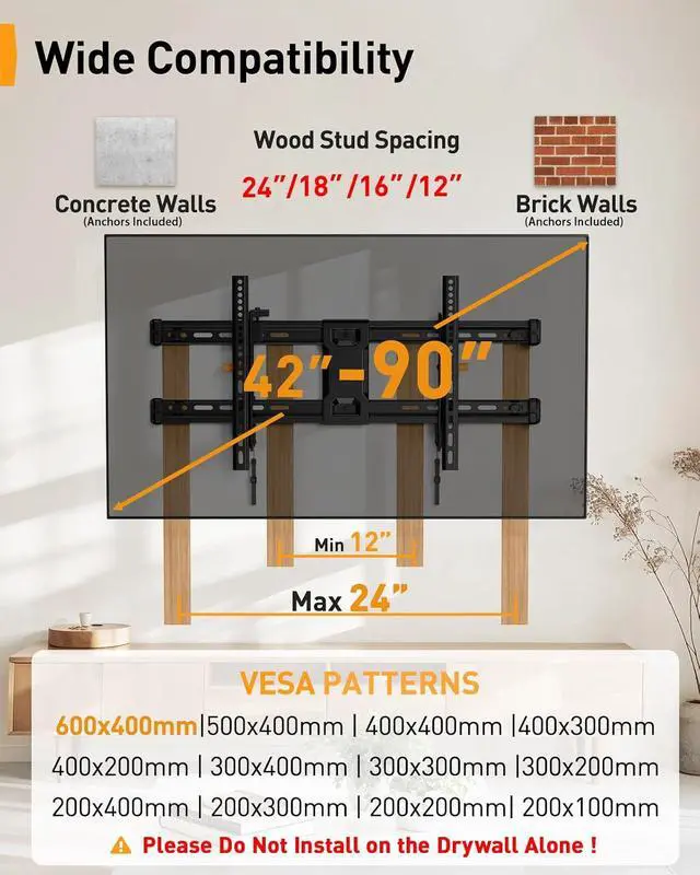 Alt view image 2 of 7 - Tilting TV Wall Mount for 4290 Inch TVs with Leveling Adjustment, Low Profile TV Mount up to 132 lbs, Wall Mount Bracket Fits 12/16/18/24 Wood Studs, Max VESA 600x400mm, PGLT9