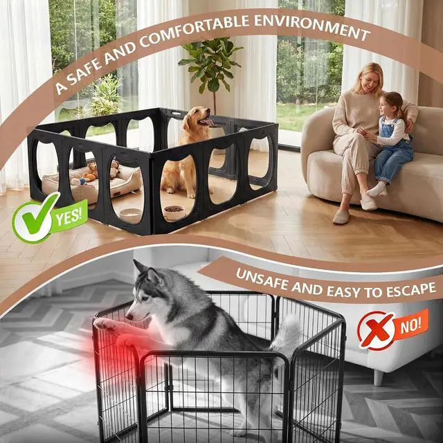 Alt view image 4 of 7 - Acrylic Dog Playpen for Indoor Use Clear Small Pet Play Pen for Puppies, Cats, Rabbits & Ferrets Easy Assemble, Durable & Portable Pet Enclosure (Black, 24" H, 12 Panels)