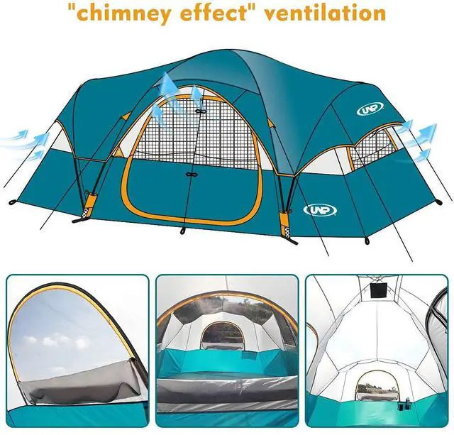 Alt view image 6 of 7 - Camping Tent 10-Person-Family Tents, Parties, Music Festival Tent, Big, Easy Up, 5 Large Mesh Windows, Double Layer, 2 Room, Waterproof, Weather Resistant, 18ft x 9ft x78in