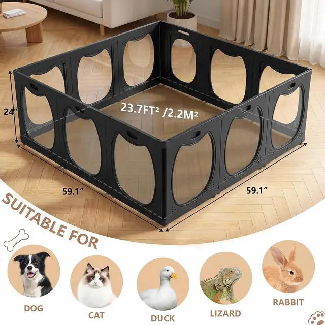 Alt view image 2 of 7 - Acrylic Dog Playpen for Indoor Use Clear Small Pet Play Pen for Puppies, Cats, Rabbits & Ferrets Easy Assemble, Durable & Portable Pet Enclosure (Black, 24" H, 12 Panels)