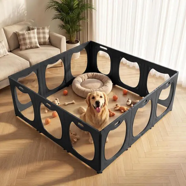 Alt view image 7 of 7 - Acrylic Dog Playpen for Indoor Use Clear Small Pet Play Pen for Puppies, Cats, Rabbits & Ferrets Easy Assemble, Durable & Portable Pet Enclosure (Black, 24" H, 12 Panels)