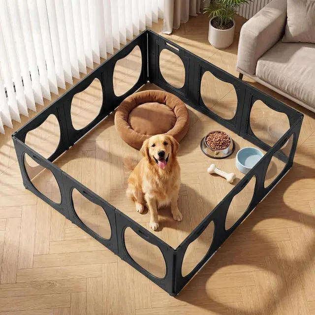 Main image of Acrylic Dog Playpen for Indoor Use Clear Small Pet Play Pen for Puppies, Cats, Rabbits & Ferrets Easy Assemble, Durable & Portable Pet Enclosure (Black, 24" H, 12 Panels)