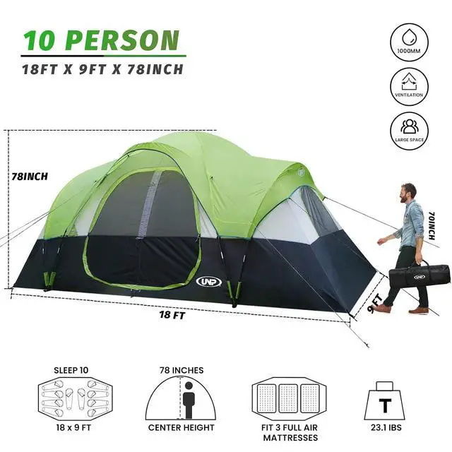 Alt view image 2 of 7 - Camping Tent 10-Person-Family Tents, Parties, Music Festival Tent, Big, Easy Up, 5 Large Mesh Windows, Double Layer, 2 Room, Waterproof, Weather Resistant, 18ft x 9ft x78in