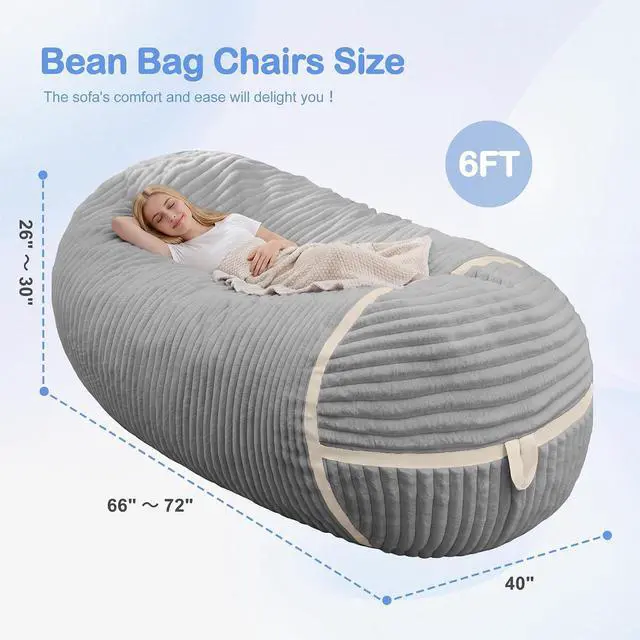 Alt view image 2 of 6 - Bean Bag Chair 6FT Giant Bean Bag Chairs for Adults with Memory Foam Filled,6'Beanbag Chair with Soft Faux Fur Cover,Bean Bag Bed Bean Bag Sofa Lounger for LivingRoom,Bedroom-LIGHT GREY&WHITE