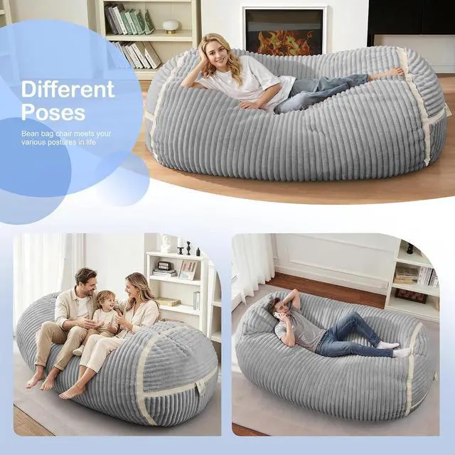Alt view image 4 of 6 - Bean Bag Chair 6FT Giant Bean Bag Chairs for Adults with Memory Foam Filled,6'Beanbag Chair with Soft Faux Fur Cover,Bean Bag Bed Bean Bag Sofa Lounger for LivingRoom,Bedroom-LIGHT GREY&WHITE