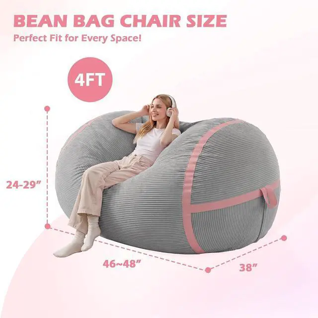 Alt view image 2 of 6 - Bean Bag Chair, 4FT Large Bean Bag Chair with Memory Foam, Ultra-Soft Corduroy Cover & Zipper Design, Portable Handle Comfy Bean Bag Sofa for Living Room, No Assembly - Light Grey & Pink