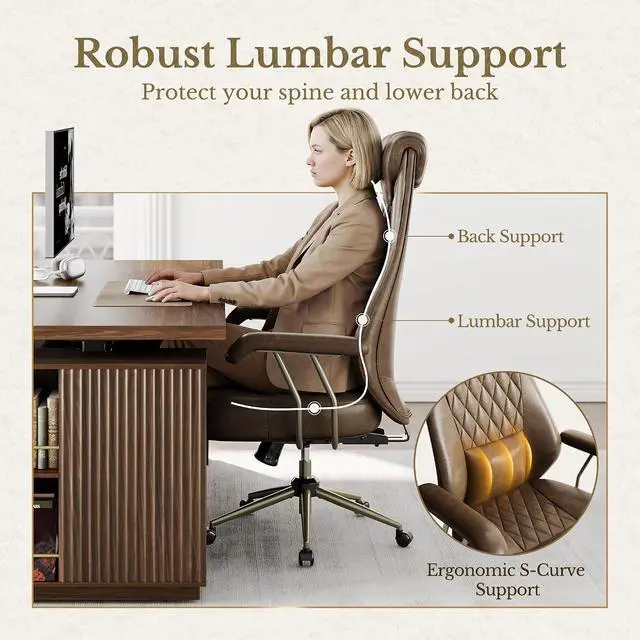 Alt view image 5 of 7 - High Back Executive Office Chair, Ergonomic PU Leather Desk Chair with Integrated Headrest, Lumbar Support & Recline Function, Adjustable Swivel Computer Chair for Home Office, Brown