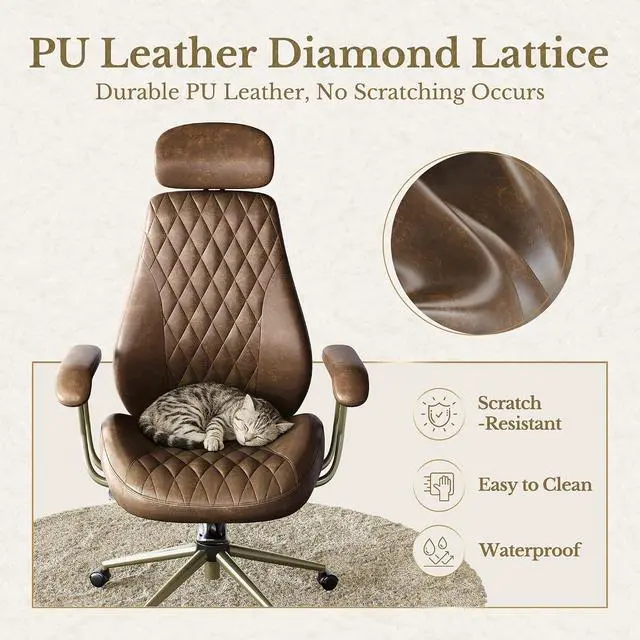 Alt view image 6 of 7 - High Back Office Chair with Lumbar Support - Ergonomic Executive Desk Chair, Adjustable Swivel Computer Chair in Premium Faux Leather for Home Office Comfort, Brown