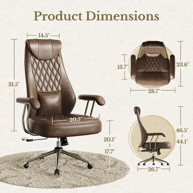 Alt view image 2 of 7 - High Back Executive Office Chair, Ergonomic PU Leather Desk Chair with Integrated Headrest, Lumbar Support & Recline Function, Adjustable Swivel Computer Chair for Home Office, Brown