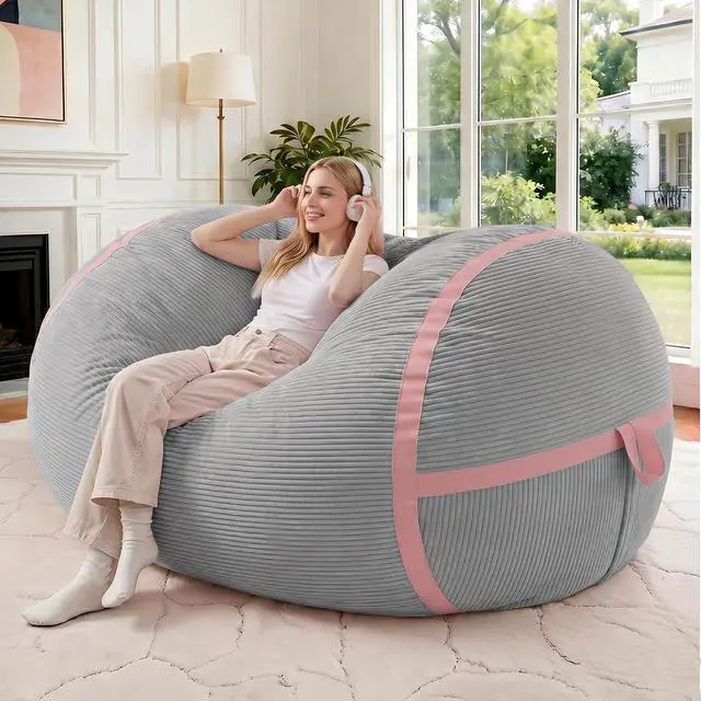 Main image of Bean Bag Chair, 4FT Large Bean Bag Chair with Memory Foam, Ultra-Soft Corduroy Cover & Zipper Design, Portable Handle Comfy Bean Bag Sofa for Living Room, No Assembly - Light Grey & Pink
