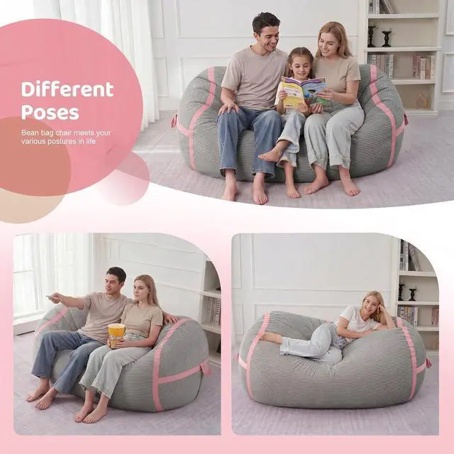 Alt view image 4 of 6 - Bean Bag Chair, 4FT Large Bean Bag Chair with Memory Foam, Ultra-Soft Corduroy Cover & Zipper Design, Portable Handle Comfy Bean Bag Sofa for Living Room, No Assembly - Light Grey & Pink
