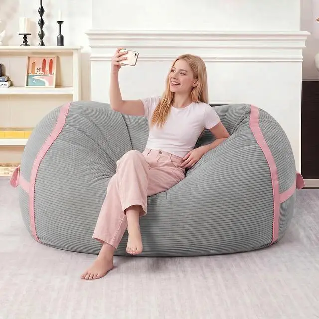 Alt view image 3 of 6 - Bean Bag Chair, 4FT Large Bean Bag Chair with Memory Foam, Ultra-Soft Corduroy Cover & Zipper Design, Portable Handle Comfy Bean Bag Sofa for Living Room, No Assembly - Light Grey & Pink