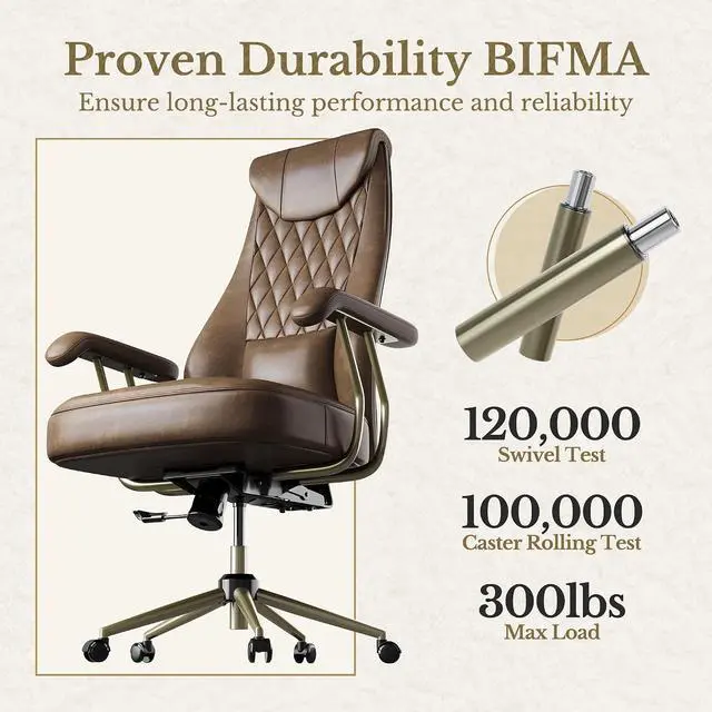 Alt view image 6 of 7 - High Back Executive Office Chair, Ergonomic PU Leather Desk Chair with Integrated Headrest, Lumbar Support & Recline Function, Adjustable Swivel Computer Chair for Home Office, Brown