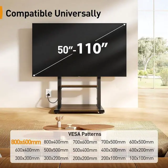 Alt view image 4 of 7 - Floor TV Stand for 50110 TVs with Power Strip, Holds Up to 250 lbs, Universal Standing TV Mount with Adjustable Shelf & Feet, Max VESA 800x600mm, Tall TV Stand for Living Room, PGFS20B