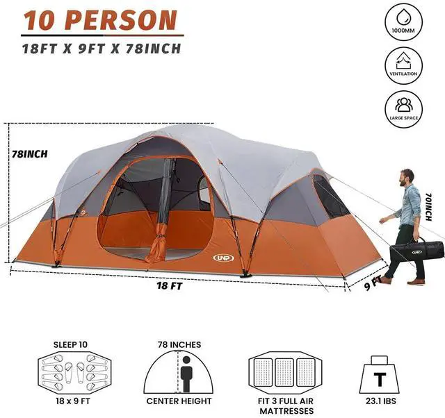 Alt view image 2 of 7 - Camping Tent 10-Person-Family Tents, Parties, Music Festival Tent, Big, Easy Up, 5 Large Mesh Windows, Double Layer, 2 Room, Waterproof, Weather Resistant, 18ft x 9ft x78in