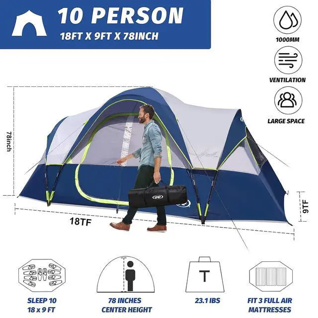 Alt view image 3 of 7 - Camping Tent 10-Person-Family Tents, Parties, Music Festival Tent, Big, Easy Up, 5 Large Mesh Windows, Double Layer, 2 Room, Waterproof, Weather Resistant, 18ft x 9ft x78in