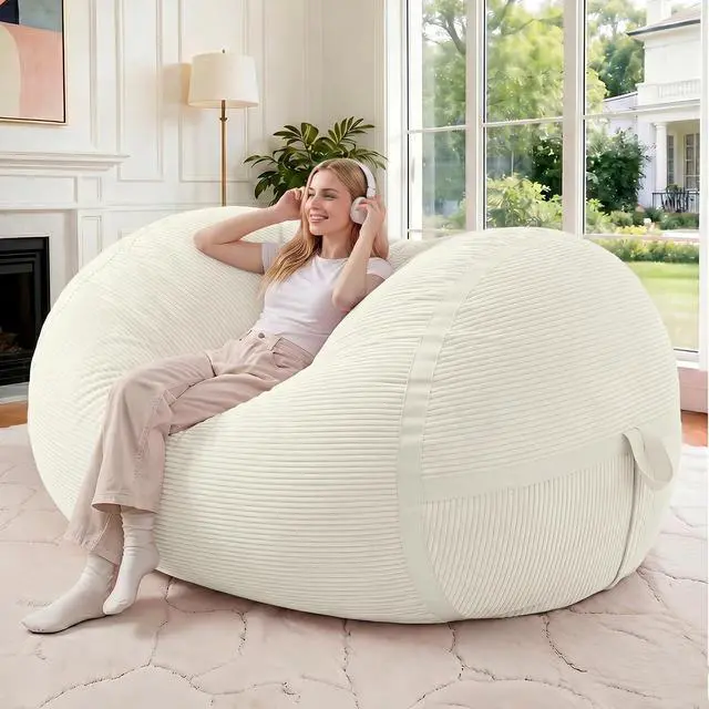 Main image of Bean Bag Chair, 4FT Large Bean Bag Chair with Memory Foam, Ultra-Soft Corduroy Cover & Zipper Design, Portable Handle Comfy Bean Bag Sofa for Living Room, Bedroom, No Assembly - Whtie