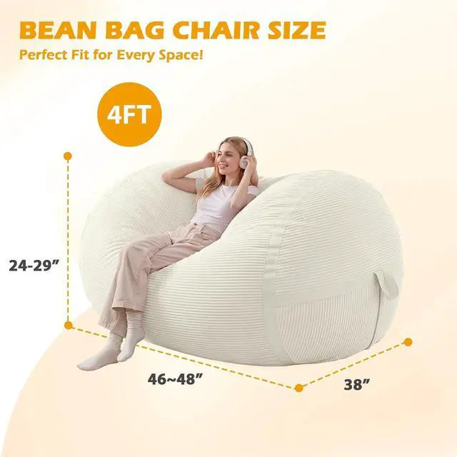 Alt view image 2 of 6 - Bean Bag Chair, 4FT Large Bean Bag Chair with Memory Foam, Ultra-Soft Corduroy Cover & Zipper Design, Portable Handle Comfy Bean Bag Sofa for Living Room, Bedroom, No Assembly - Whtie