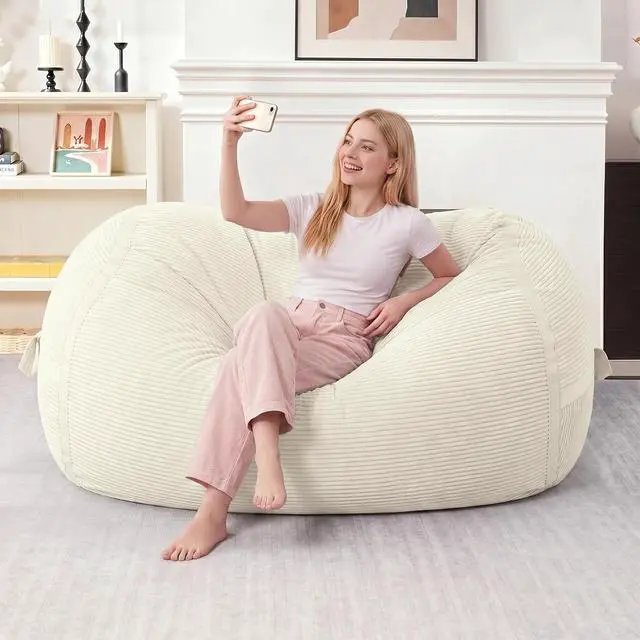 Alt view image 3 of 6 - Bean Bag Chair, 4FT Large Bean Bag Chair with Memory Foam, Ultra-Soft Corduroy Cover & Zipper Design, Portable Handle Comfy Bean Bag Sofa for Living Room, Bedroom, No Assembly - Whtie