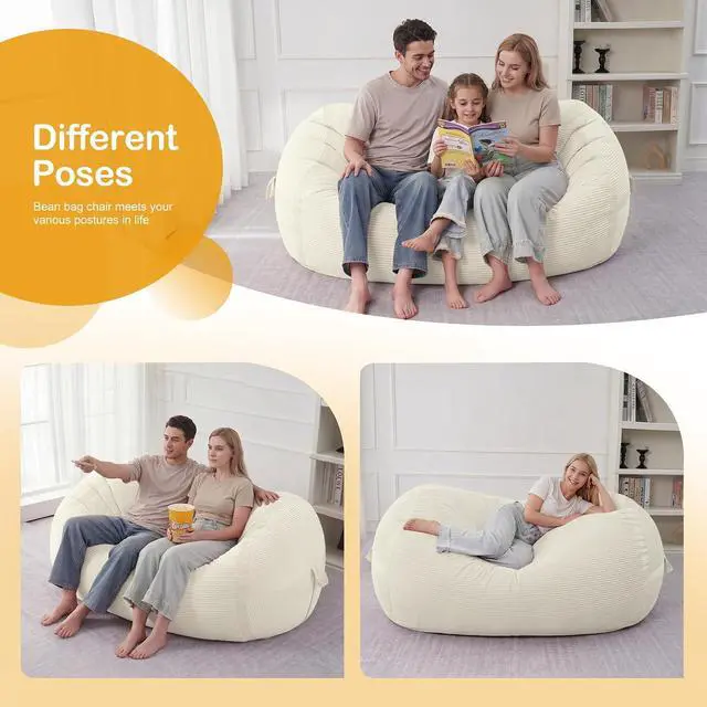 Alt view image 4 of 6 - Bean Bag Chair, 4FT Large Bean Bag Chair with Memory Foam, Ultra-Soft Corduroy Cover & Zipper Design, Portable Handle Comfy Bean Bag Sofa for Living Room, Bedroom, No Assembly - Whtie
